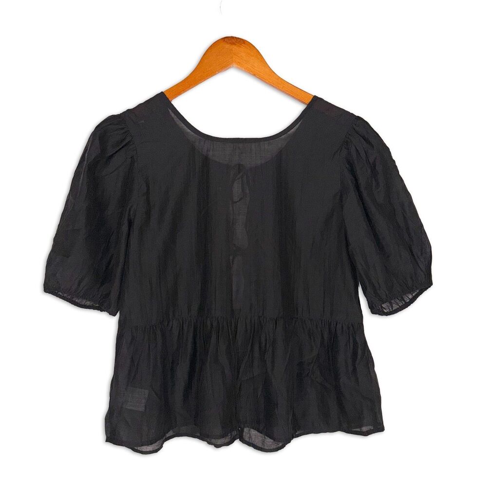 American Eagle Outfitters Black Sheer Tie Back Peplum Blouse Puff Sleeve Small